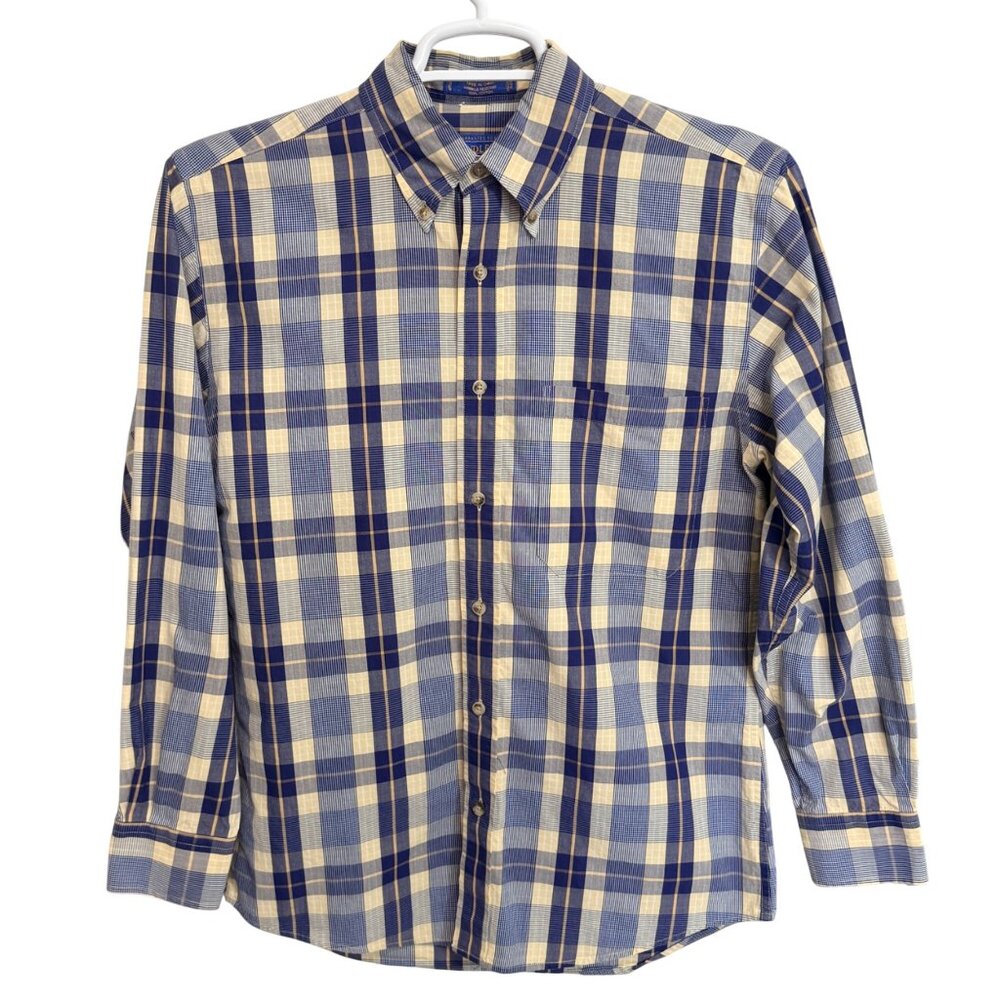 Pendleton Broadway Cloth Shirt Mens S Blue Yellow Plaid Wrinkle Resistant 100% C